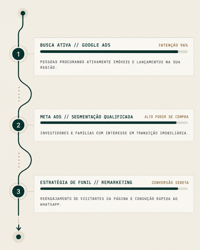 Infográfico da esteira de captação imobiliária: busca ativa no Google Ads com 96% de intenção, Meta Ads com segmentação qualificada de alto poder de compra e estratégia de funil com remarketing para conversão direta no WhatsApp