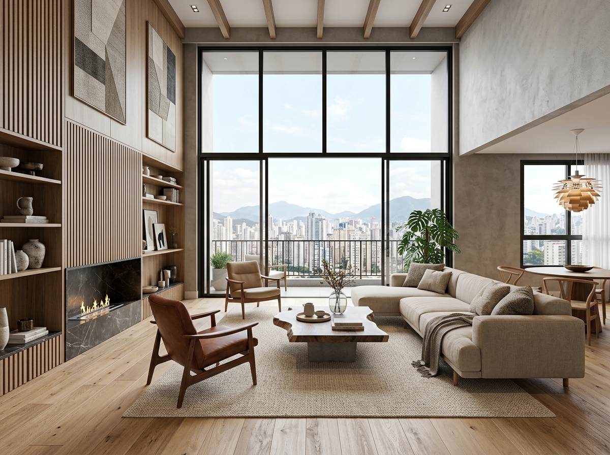Living contemporâneo com decoração virtual hiper-realista gerada por inteligência artificial