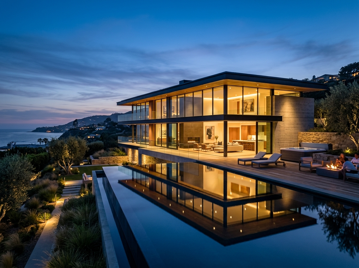 Residência contemporânea de alto padrão com iluminação crepuscular e arquitetura minimalista