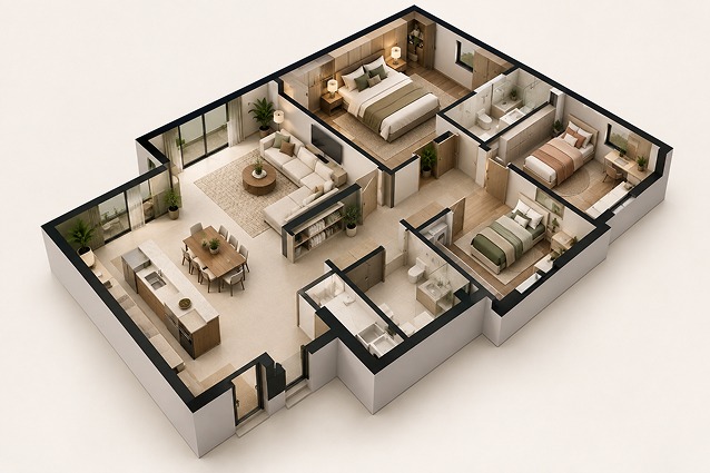Exemplo de planta humanizada fotorrealista com distribuição de ambientes e mobília 3D