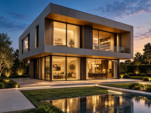 Exemplo de visualização 3D fotorrealista de residência de luxo ao crepúsculo com piscina e iluminação arquitetônica